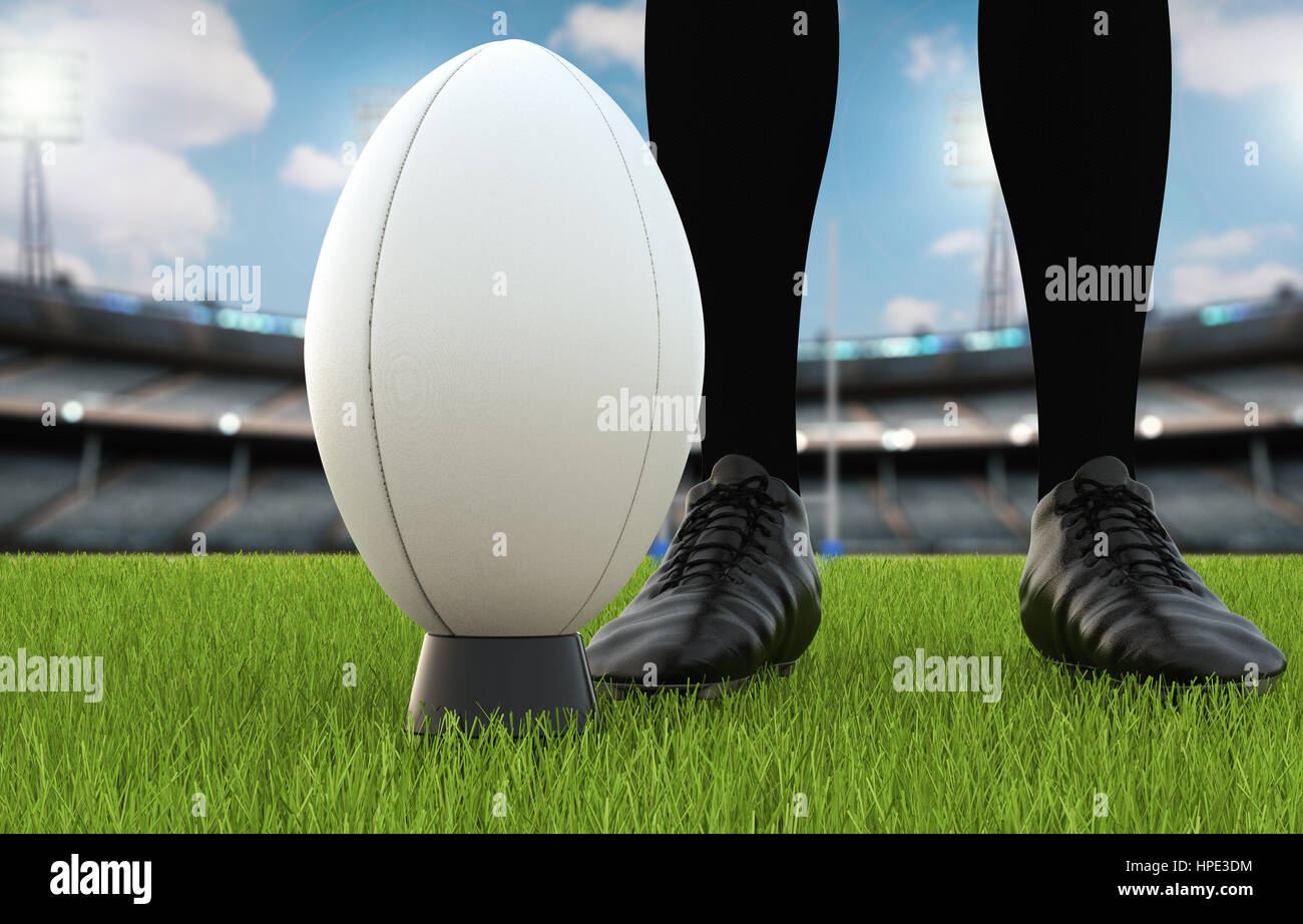 3D rendering pallone da rugby con Rugby posti sul campo Foto Stock