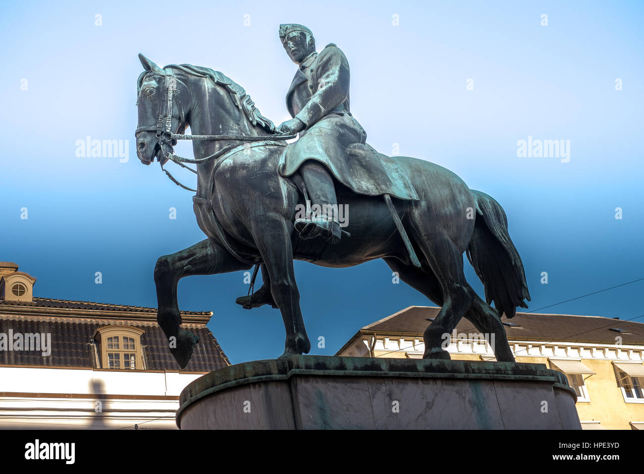 Statua equestre di un montato il re Cristiano X, Copenaghen, cavallo e cavaliere Foto Stock