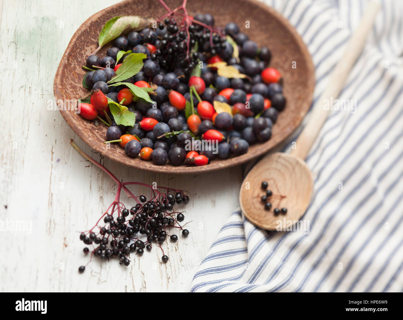 Siepe frutti su stagno piattino con grembiule a strisce e il cucchiaio di legno Foto Stock