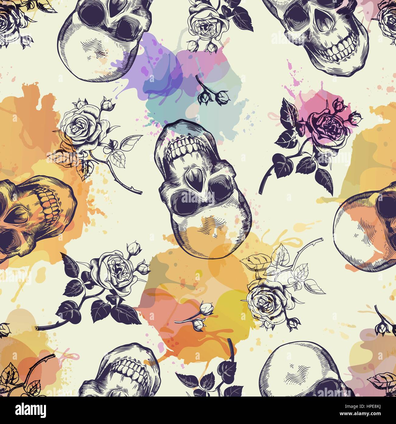 Modello senza cuciture con teschi e rose fiori disegnati in stile di incisione e traslucido macchie colorate. Moderno e alla moda e sullo sfondo. Illustrazione Vettoriale per la carta da parati, tessuto di stampa, poster, flyer. Illustrazione Vettoriale