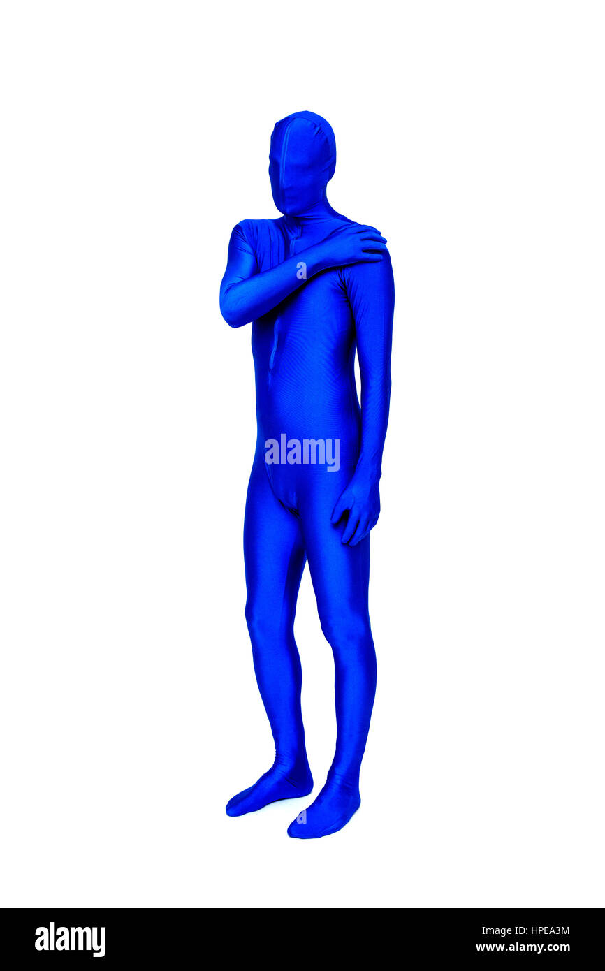 Misterioso uomo blu in morphsuit gesti con le mani Foto Stock