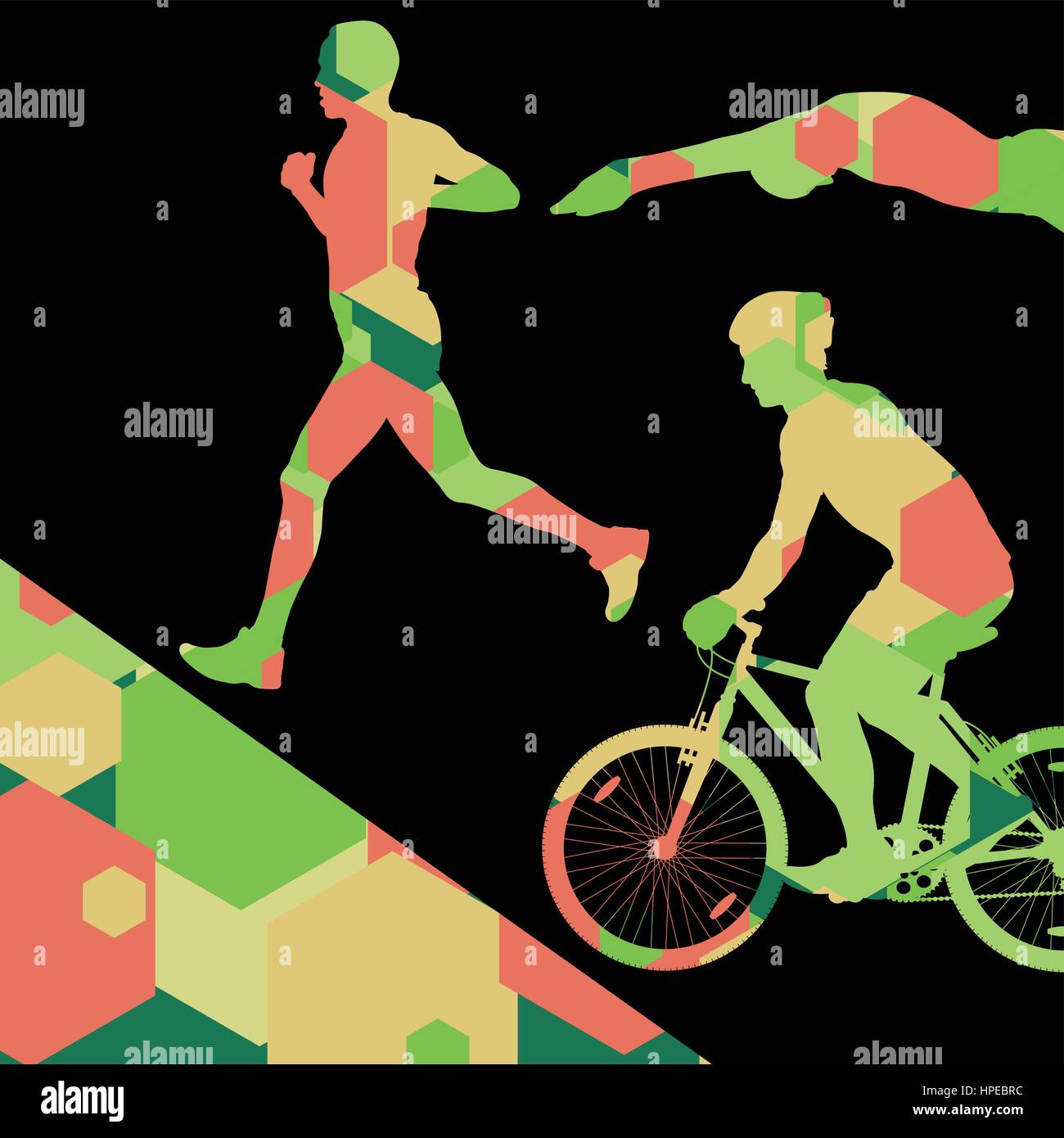 Maratona di Triathlon active giovani uomini nuoto ciclismo e running sport sagome in astratto cella a pettine illustrazione vettore di fondo Illustrazione Vettoriale