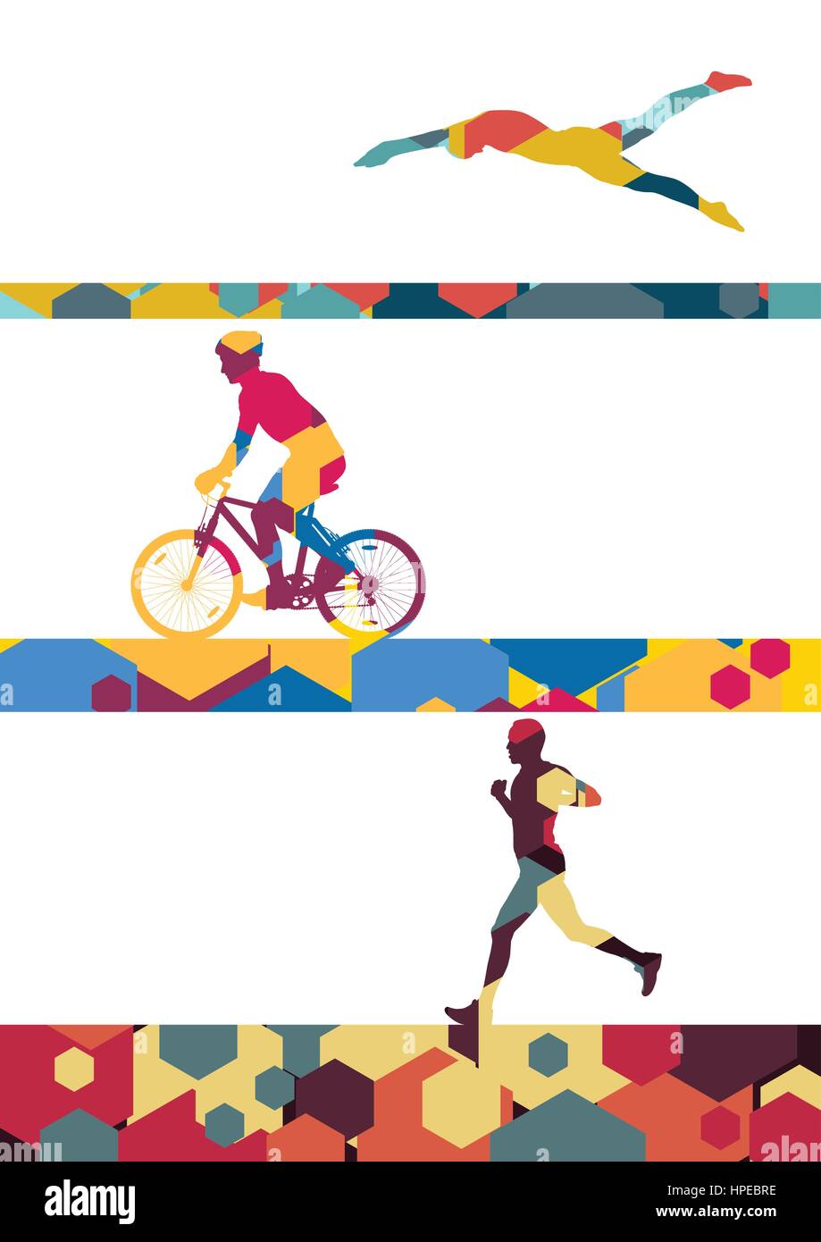 Maratona di Triathlon active giovani uomini nuoto ciclismo e running sport sagome in astratto cella a pettine illustrazione vettore di fondo Illustrazione Vettoriale