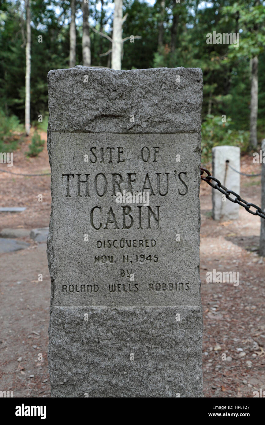 Marcatore di Memorial a resti di Henry David Thoreau del piccolo rifugio in boschi di Walden, vicino a Walden Pond in concordia, Massachusetts, Stati Uniti. Foto Stock