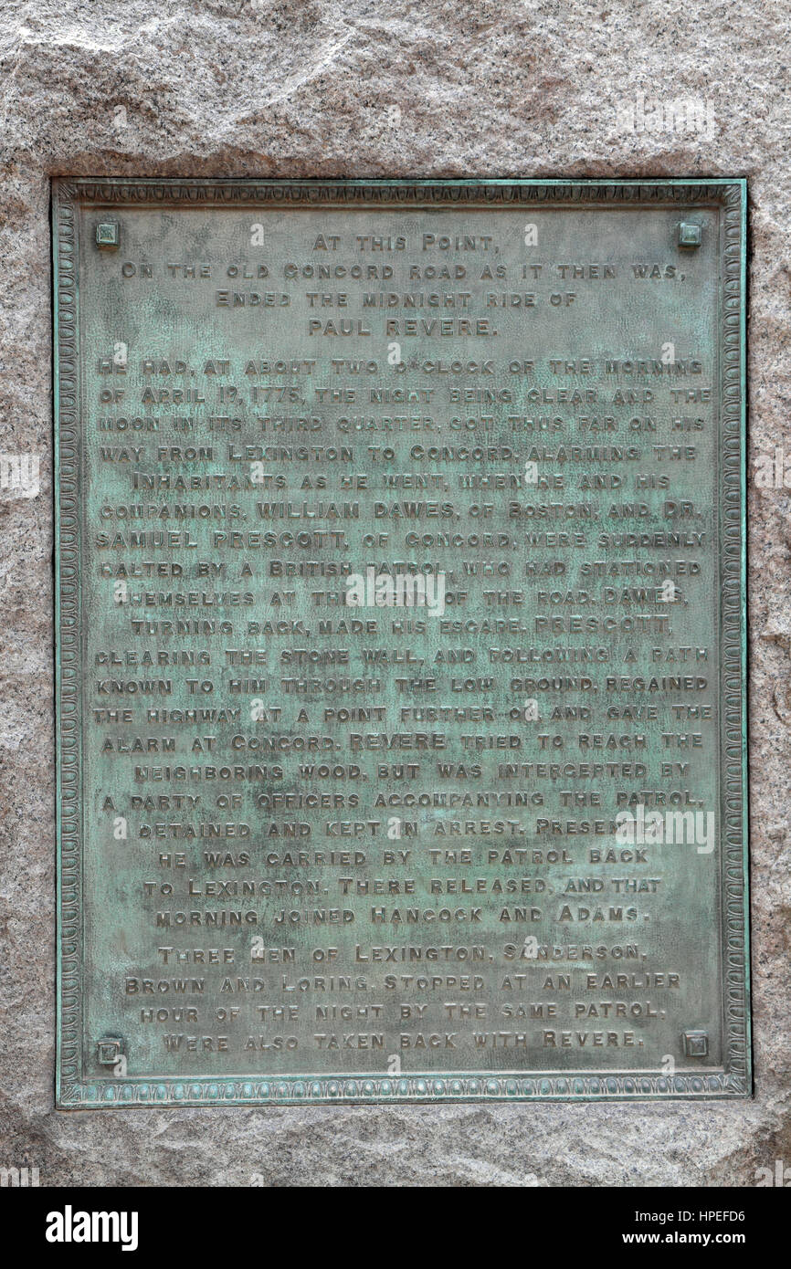 Informazioni memoriale marker per spiegare la storia di Paul Revere sito di cattura, Minute Man National Historical Park, Middlesex County, MA, Stati Uniti d'America. Foto Stock