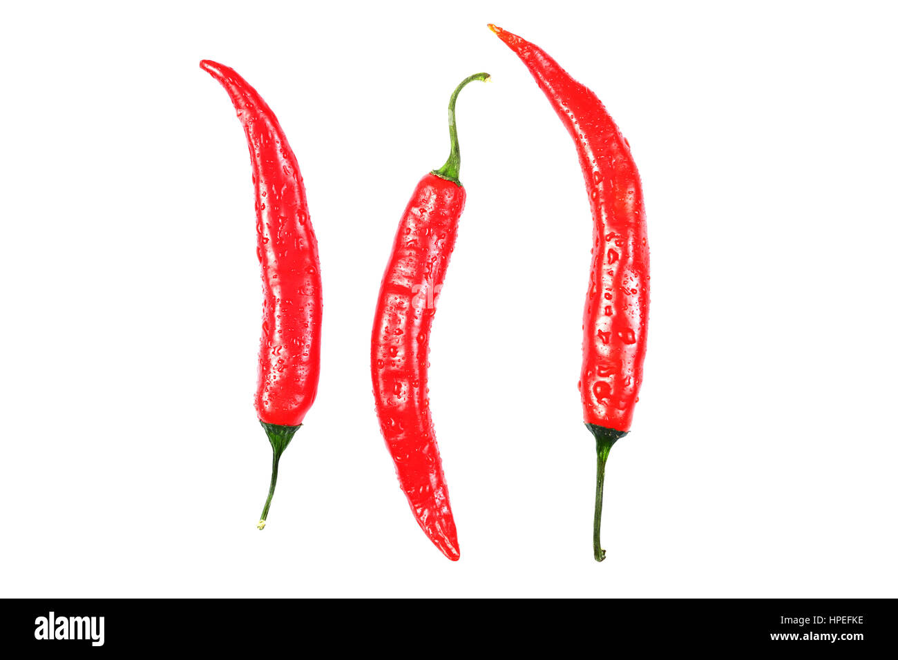 Red Hot Chili Peppers con gocce d'acqua isolati su sfondo bianco Foto Stock