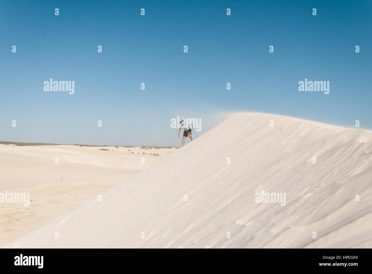 Sand Boarding backpackers a Lancelin dune di sabbia vicino a Perth, Western Australia Foto Stock