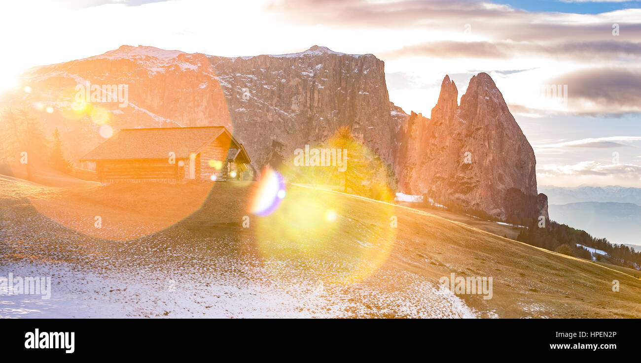 Siusi, Dolmites paesaggio delle Alpi, Trentino Alto Adige, Italia Foto Stock