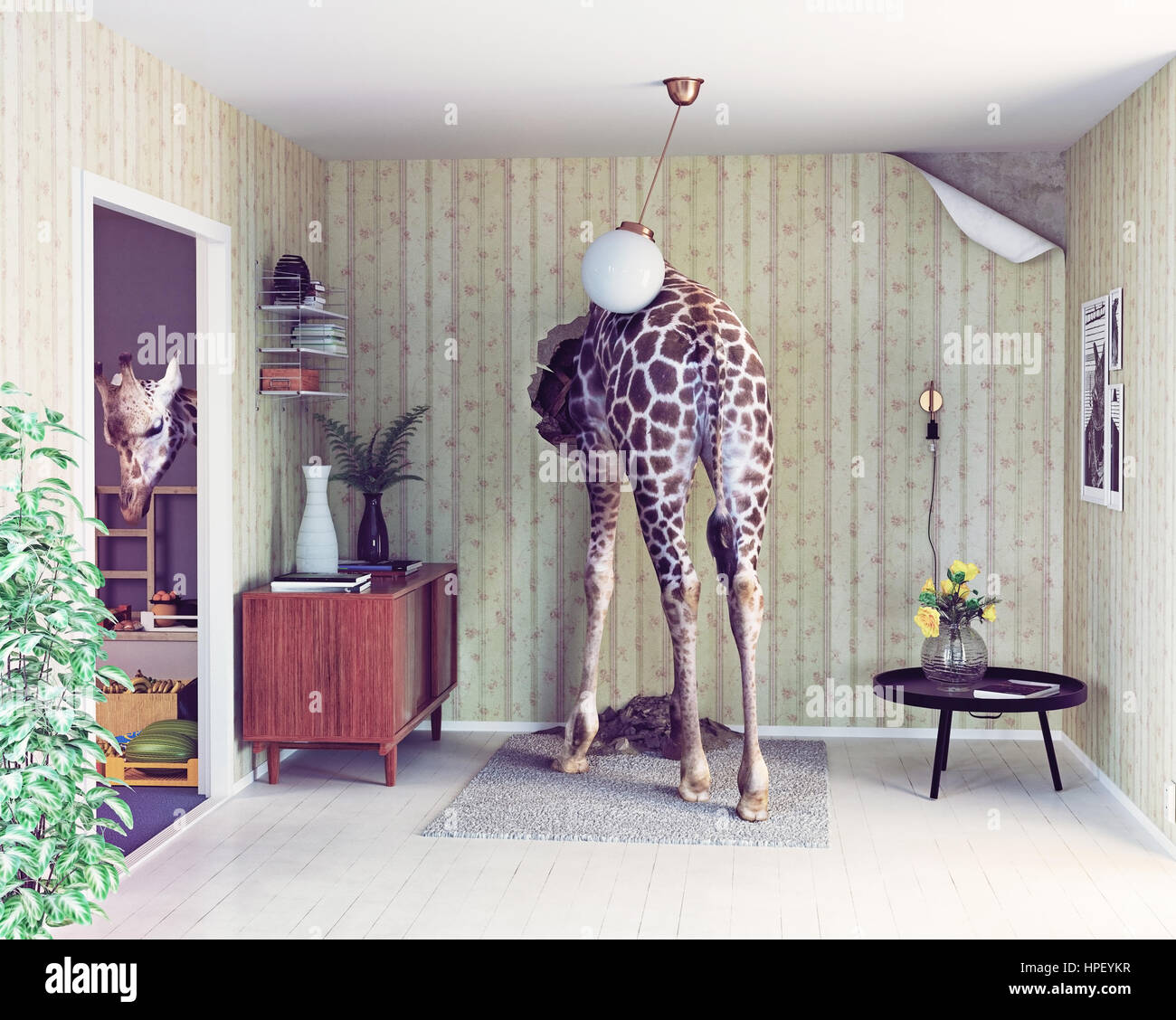 La giraffa nel soggiorno. concetto creativo. Foto cg e combinazione di elementi Foto Stock