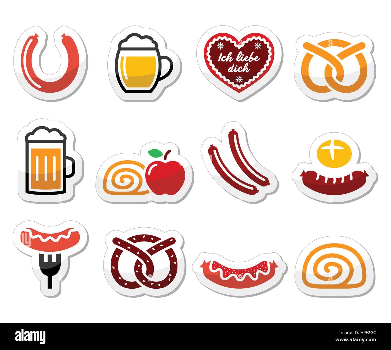Prodotti alimentari tedeschi - le salsicce, curry wurst, birra, pretzel, lo strudel di mele Illustrazione Vettoriale