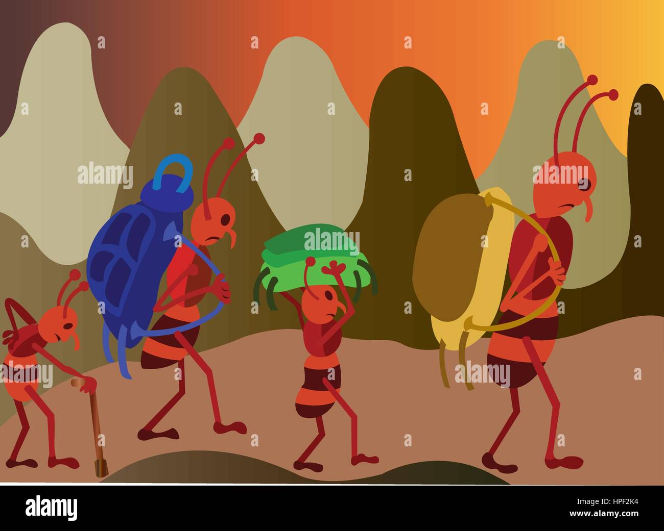 Una famiglia di formiche di safari in movimento, si stanno muovendo in una nuova casa Illustrazione Vettoriale