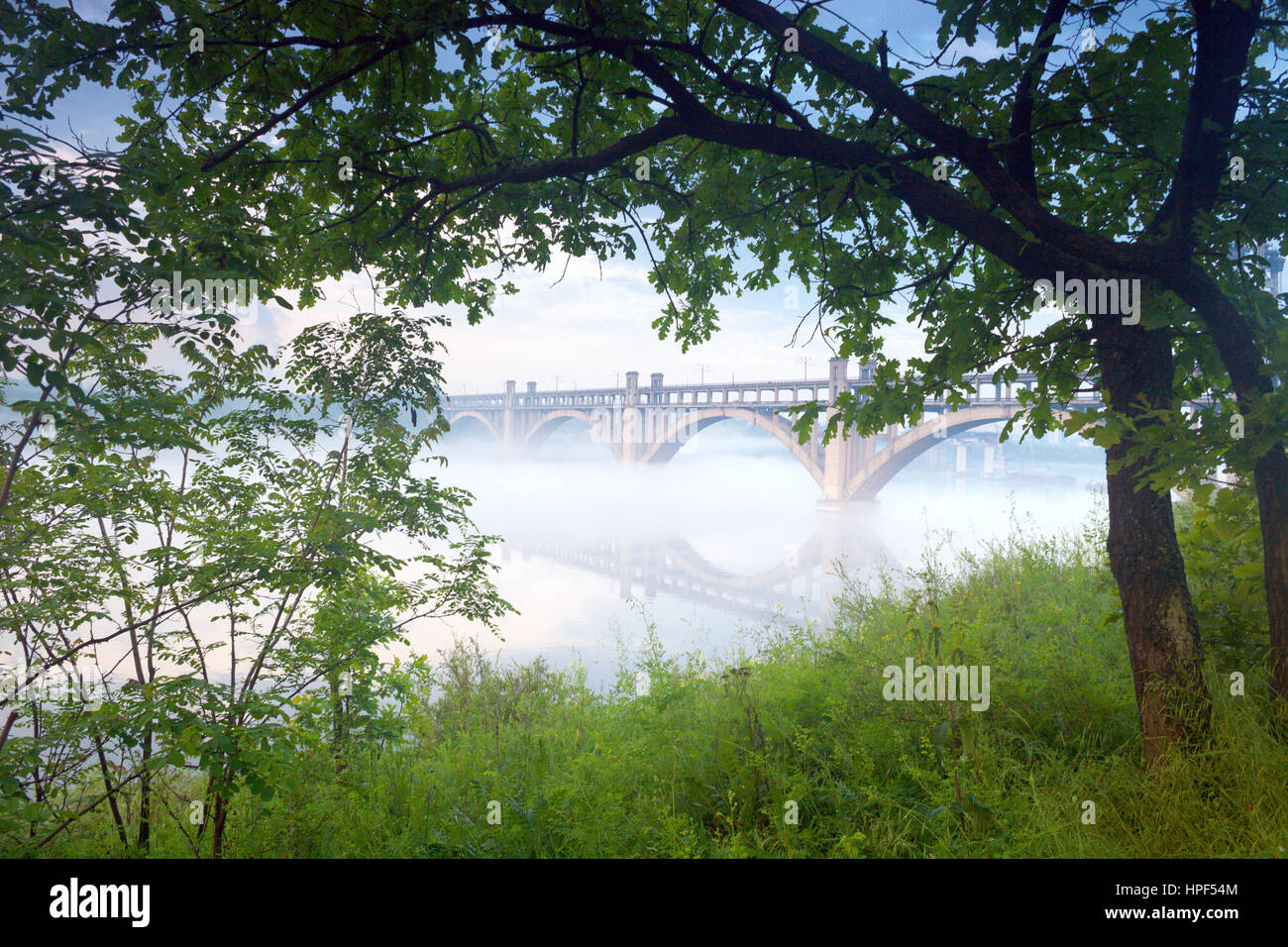 Vista di foggy Dnieper river con arcate ponte di cemento da Khortystia isola con fresco verde primavera erba e alberi di quercia, Zaporozhye, Ucraina Foto Stock