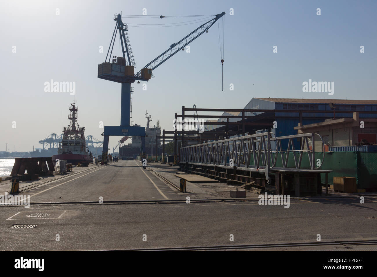 Grandi gru a portale sulle procedure Dockside Wizard in Shuwaikh Port, Kuwait. Foto Stock