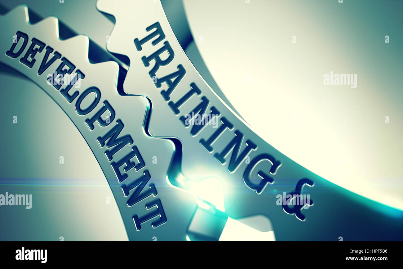 Messaggio di formazione e sviluppo su ingranaggi metallici - Concetto di affari. Formazione e sviluppo sul meccanismo di ingranaggi metallici. Concetto di comunicazione in Foto Stock