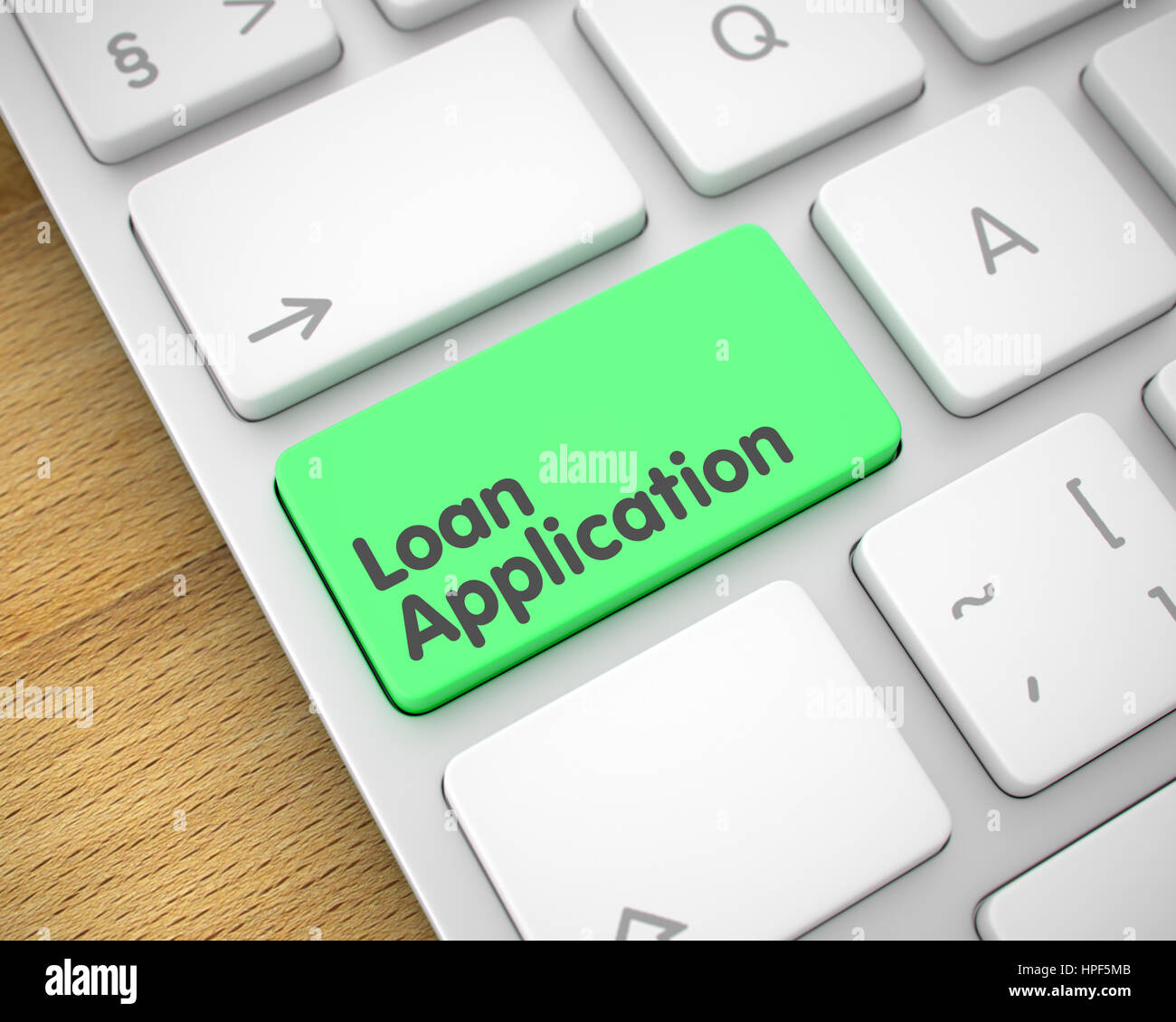 Moderno Computer Tastiera mostra il messaggio di richiesta del prestito. Messaggio sulla tastiera il tasto verde. Primo piano della domanda di prestito Tastiera tastierino verde Foto Stock
