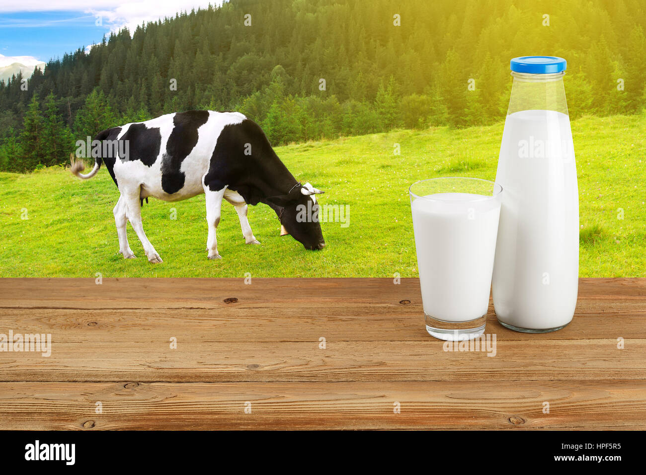 Latte in vetro e in bottiglia sul tavolo con mucche al pascolo sul prato con il sole in background. Bottiglia e bicchiere di latte sul tavolo di legno con cow Foto Stock