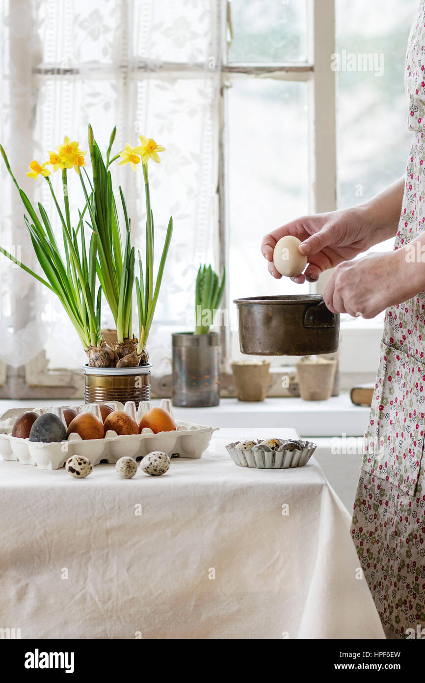 Preparazione per la Pasqua. Mani femminili con colore uovo di pasqua sotto il piatto vicino a tovaglia bianca decorata tabella marrone uova colorate e fiori di colore giallo con wi Foto Stock