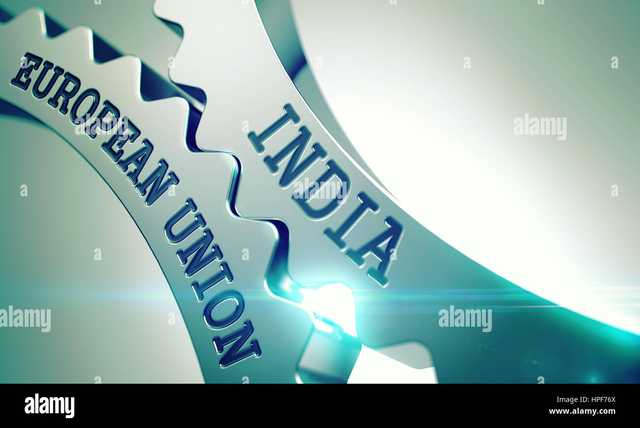 India Unione europea - Concetto di comunicazione. India Unione europea sulla superficie metallica Cog ingranaggi, illustrazione di comunicazione con effetto di alone. 3D illustra Foto Stock