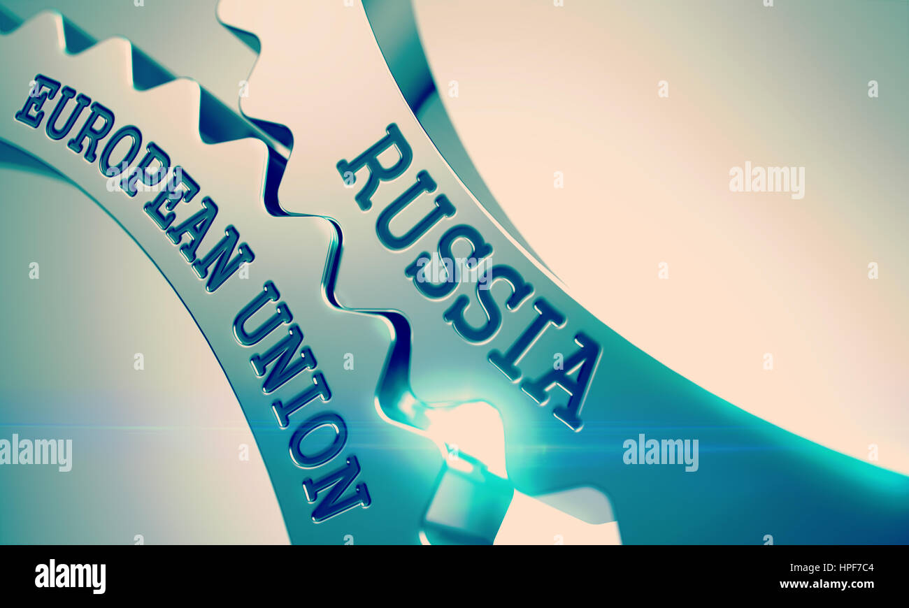 Testo della Russia Unione Europea sulle ruote dentate metalliche - Imprese concetto. Russia Unione europea ruote dentate metalliche - Concetto di interazione. con luce soffusa e Foto Stock