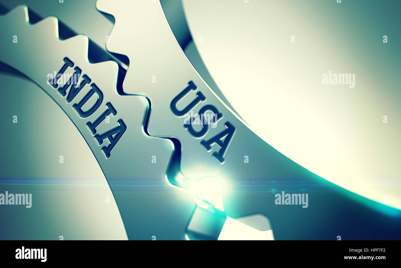 Stati Uniti d'America India metallico ingranaggi Cog - Concetto di comunicazione. con Lens Flare. Stati Uniti d'America India sul metallo lucido ingranaggi, illustrazione di Business con Lens Flare. 3D R Foto Stock