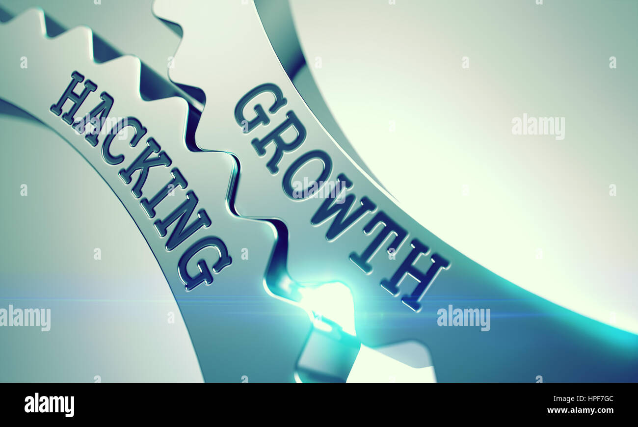 Testo di hacking di crescita su ingranaggi metallici - Concetto di affari. La crescita di metallo di hacking Cog ingranaggi - Concetto di interazione con effetto di alone e Lens Flare. 3D Illus Foto Stock