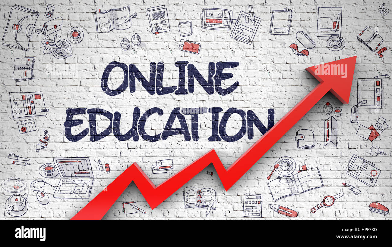 Educazione on line - Concetto di successo. Iscrizione sul bianco Brickwall con Doodle icone del design intorno a. Online Istruzione disegnato su Brickwall bianco. Ill Foto Stock