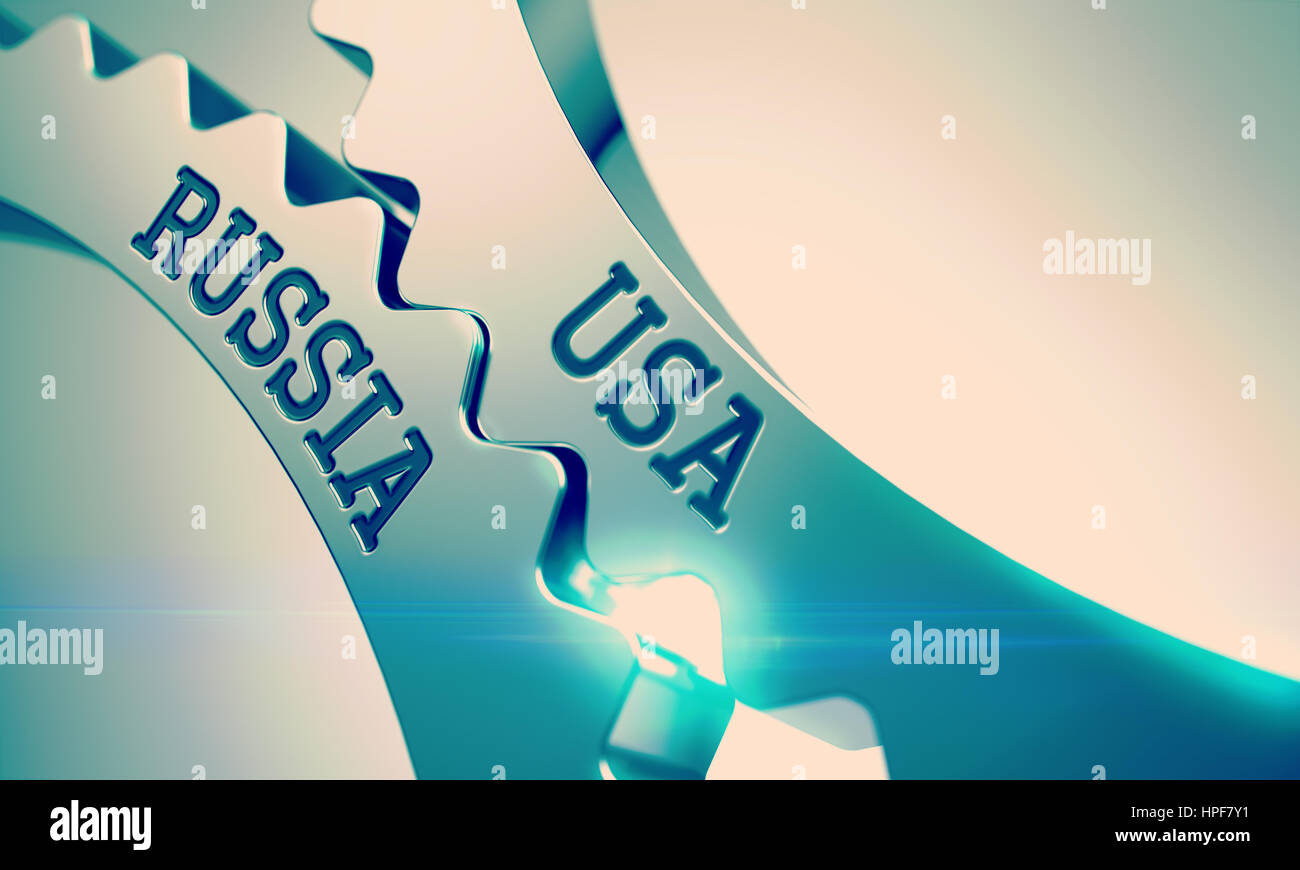 Messaggio Usa la Russia su ingranaggi metallici - Concetto di affari. Usa Russia sul meccanismo di ingranaggi metallici. Concetto di comunicazione in Design Industriale. 3 Foto Stock