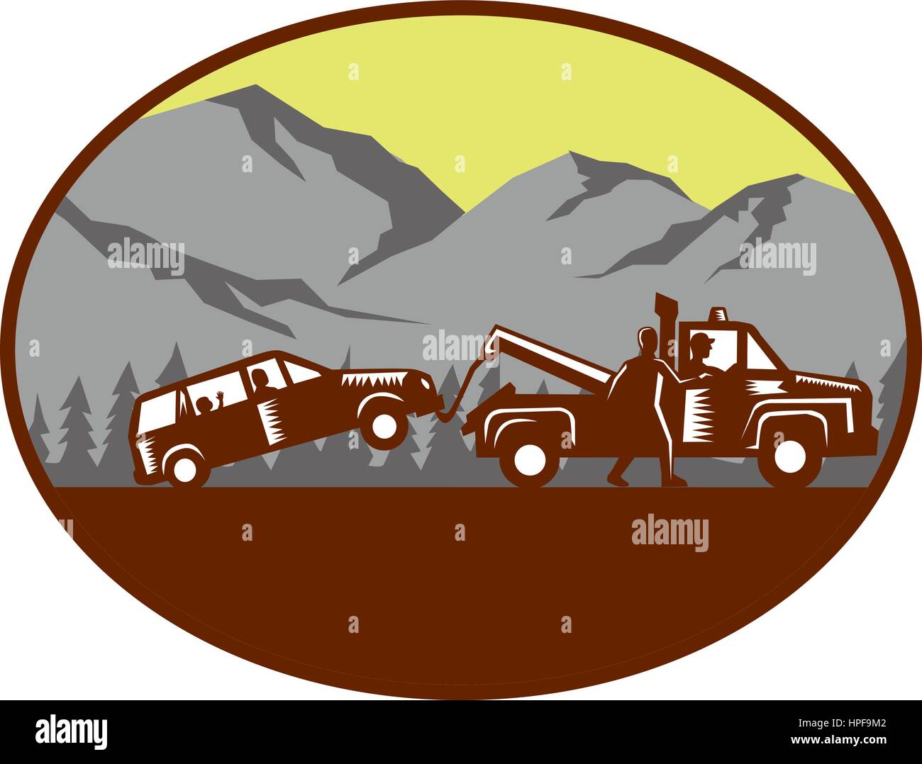 Illustrazione di un auto viene trainato, le persone in auto, bambino guardando guardando fuori dalla finestra posteriore con uomo a camminare accanto a trainare il carrello parlando di driv Illustrazione Vettoriale