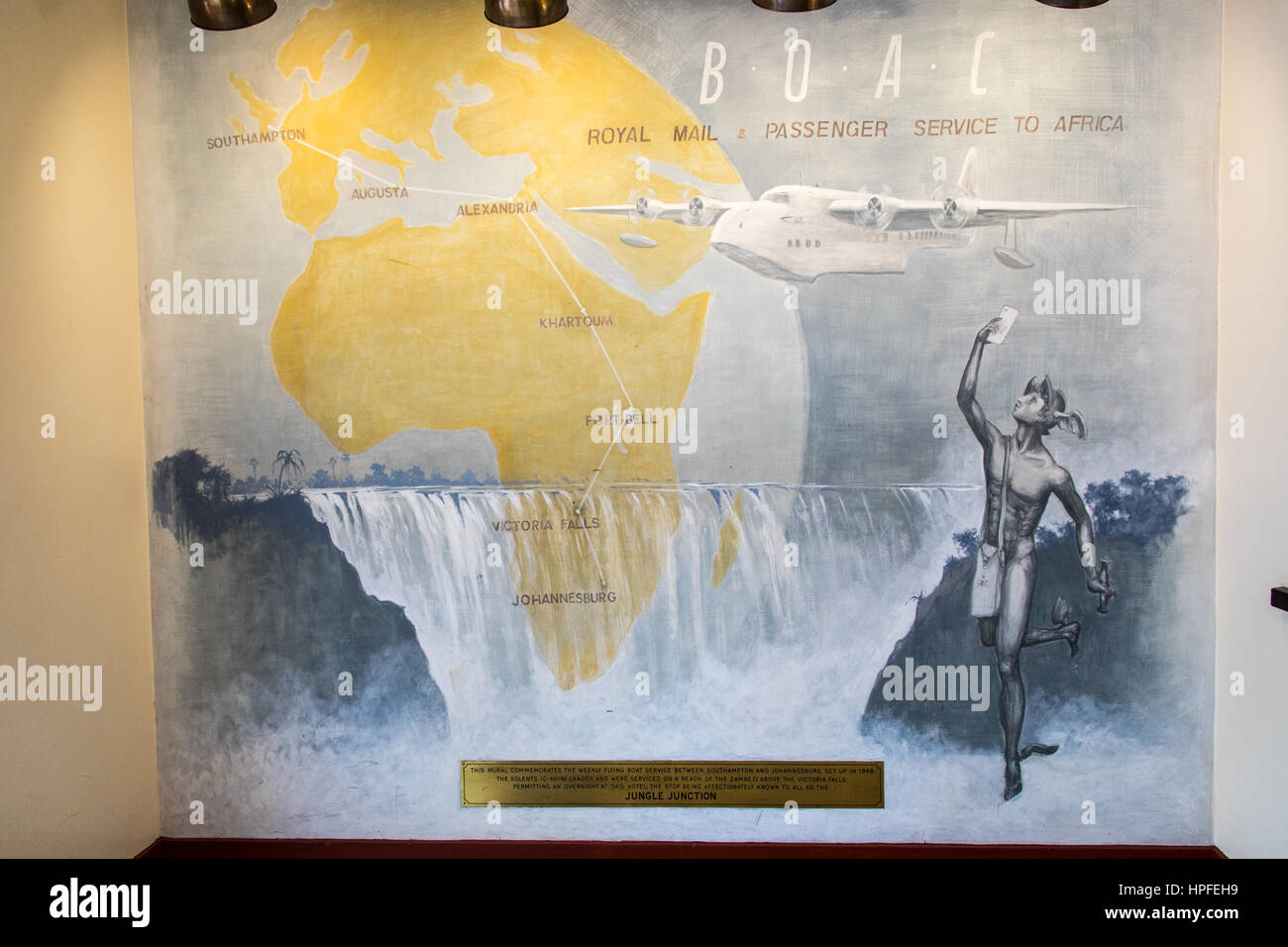 Murale di un Vintage mappa percorso per BOAC flying boat service, Victoria Falls Hotel Victoria Falls, Zimbabwe Foto Stock