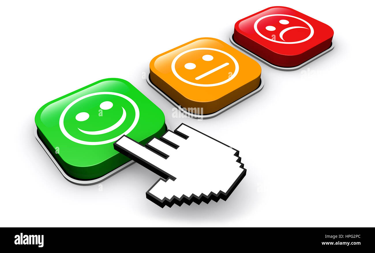 Soddisfazione del cliente il concetto di feedback con la mano facendo clic sul positivo per le imprese pulsante di qualità. Foto Stock