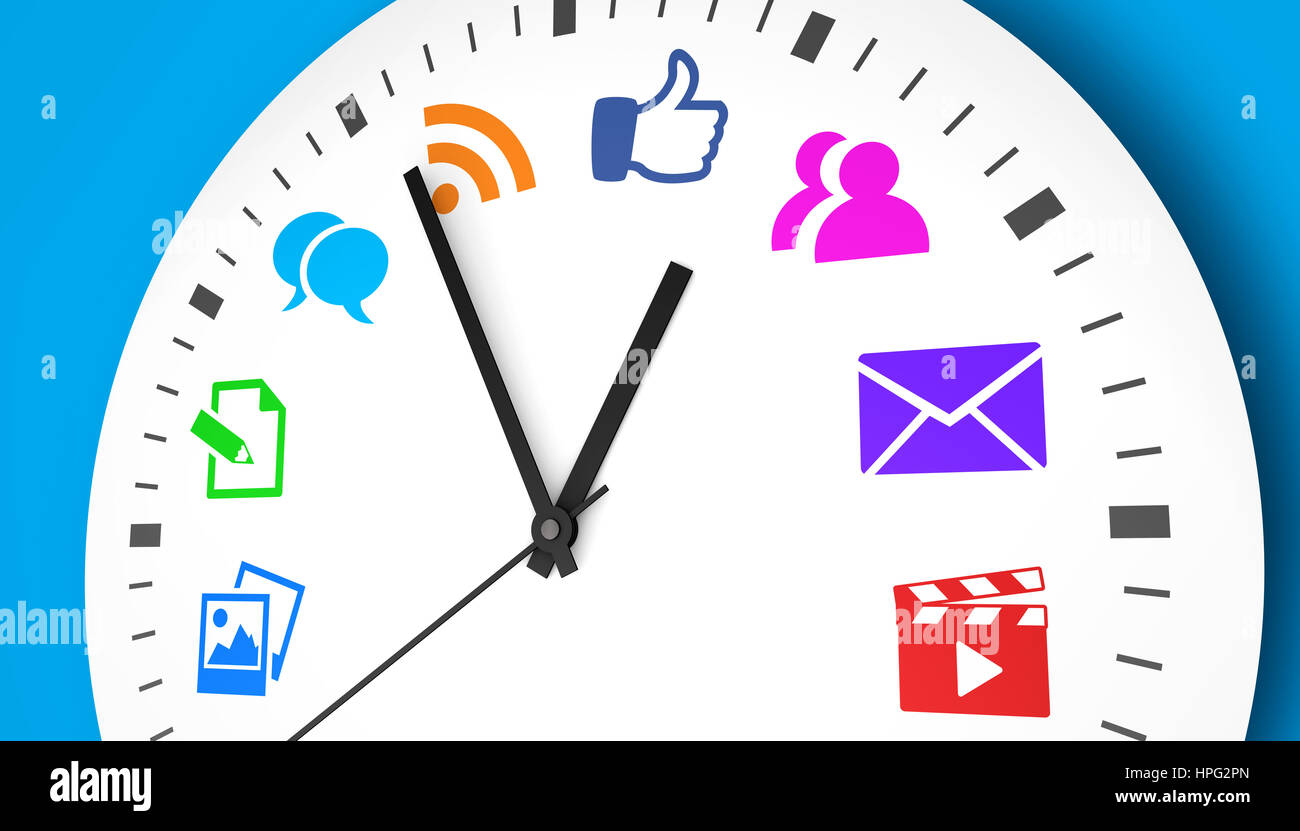 Social media la gestione del tempo e la strategia web concetto con un orologio e social network icona stampata in diversi colori 3D'illustrazione. Foto Stock