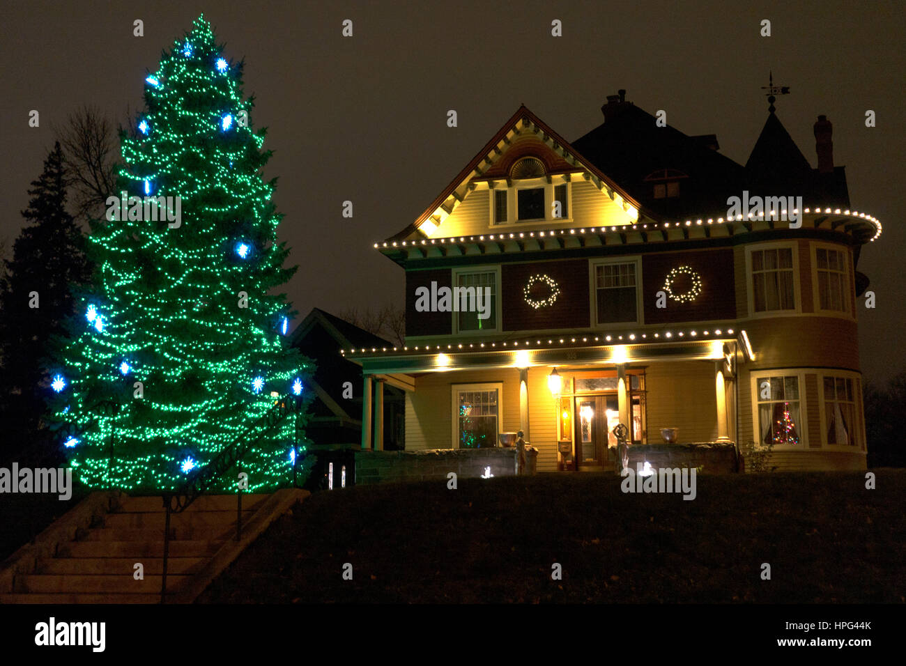 Albero di Natale decorato con blu e luci verdi molto alto e accanto a un palazzo su Summit Avenue. St Paul Minnesota MN USA Foto Stock