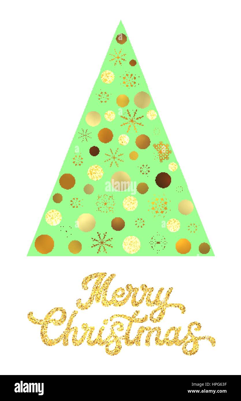 Immagini Stilizzate Natale.Verde Stilizzata Albero Di Natale Isolato Su Sfondo Bianco Con Oro Glitter Texture Scritte A Mano Design Xmas Card Con Cerchi Dorati E Fiocchi Di Neve Tanti Auguri Vettore Illustrazione Dei Font