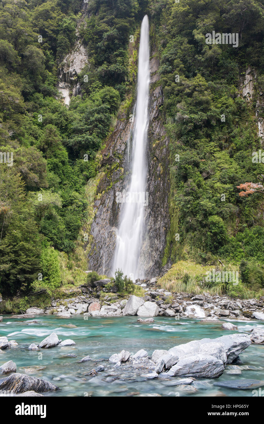 Haast Pass, montare gli aspiranti National Park, West Coast, Nuova Zelanda. Thunder Creek Falls e il fiume Haast. Foto Stock