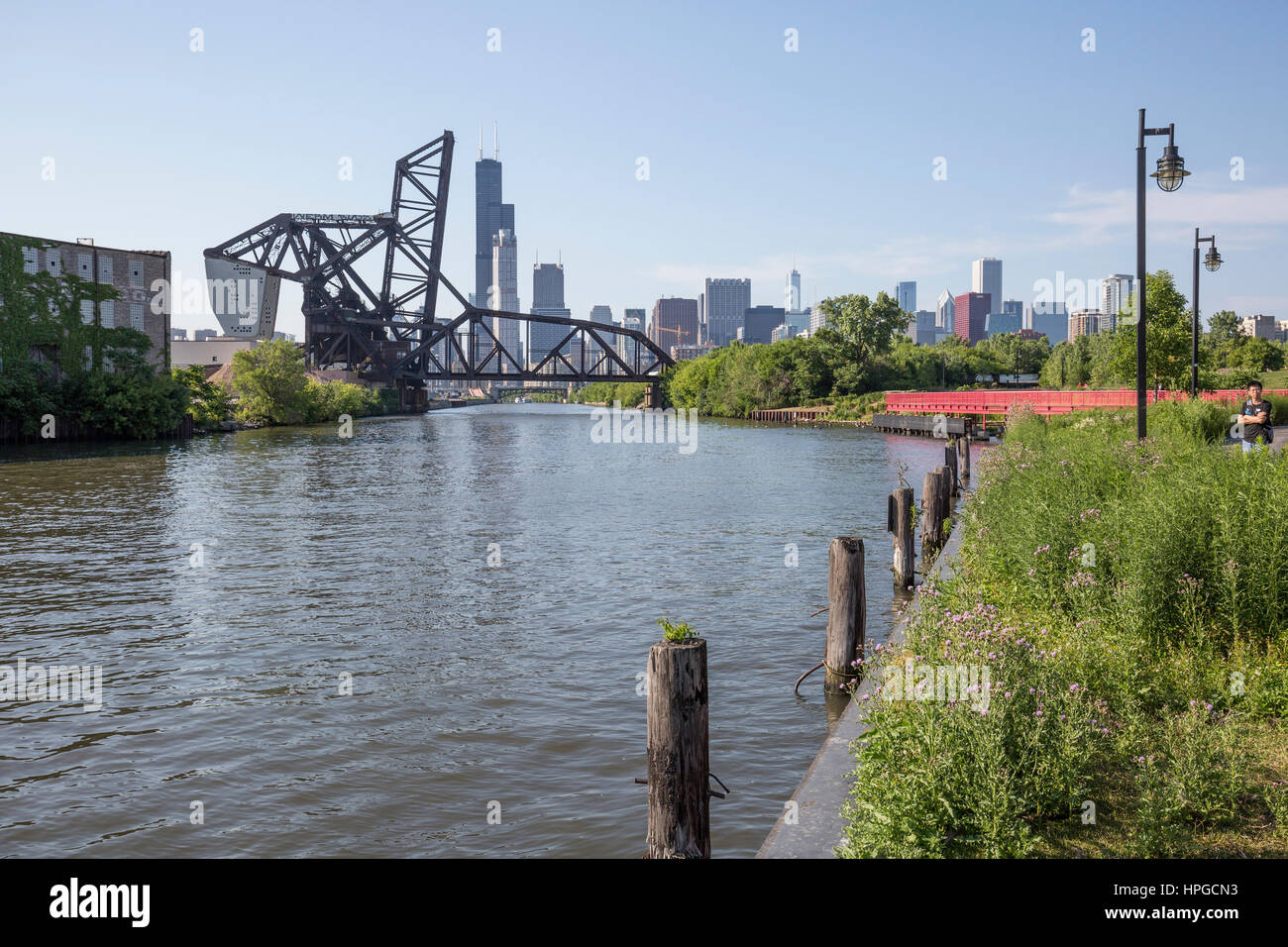 Chicago River cercando a valle con la Chicago skiyline in background, Ping Tom Memorial Park. Foto Stock