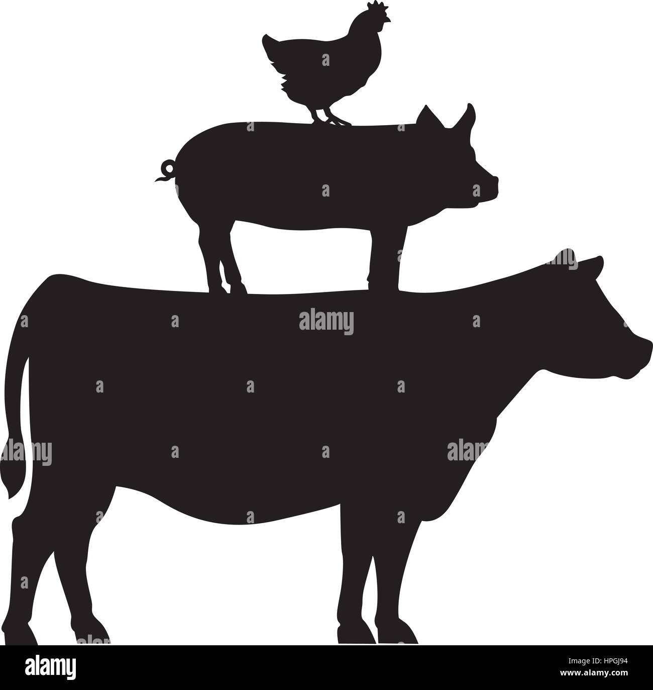 Pollo, maiale e mucca impilati. Illustrazione Vettoriale