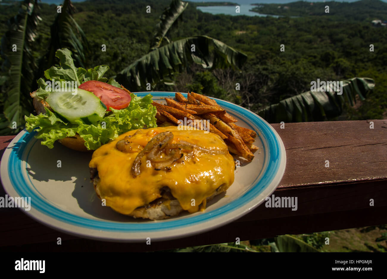 Cheeseburger in ambiente tropicale Foto Stock