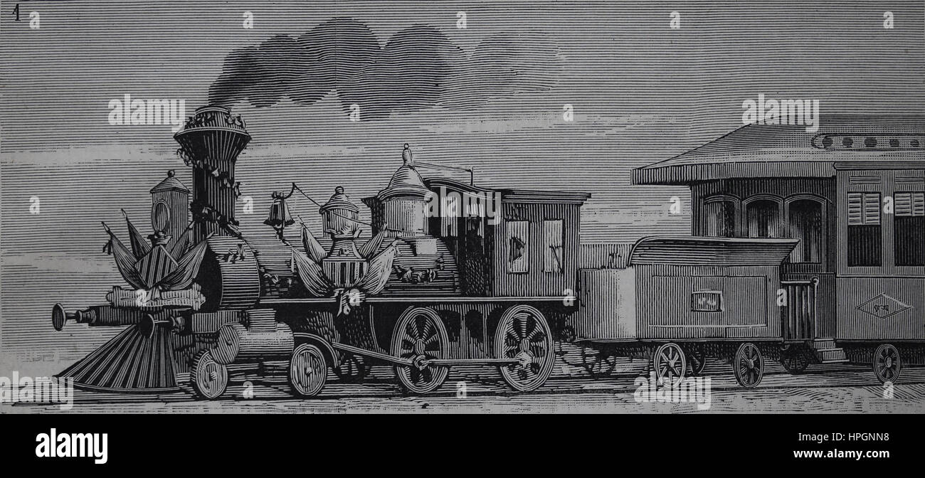 Stazione ferroviaria Valls-Vilanova-Barcellona. Inaugurazione della prima sezione Vilanova-Barcelona nel 1882. Guma locomotore. Incisione di La Ilustracion Espanola Foto Stock