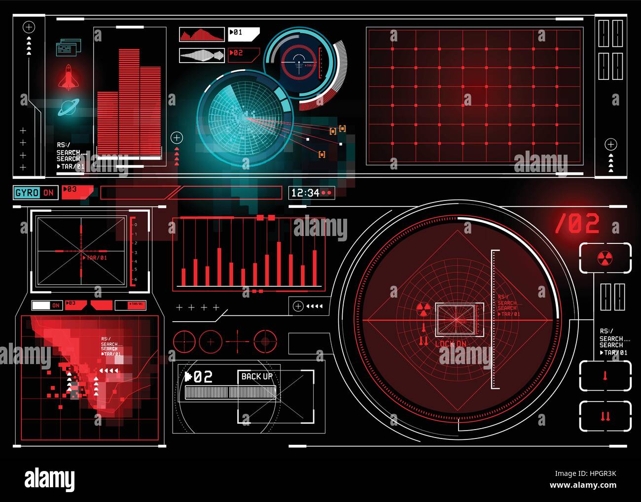 Tecniche display HUD futuristico con interfaccia digitale di elementi. Illustrazione Vettoriale Illustrazione Vettoriale