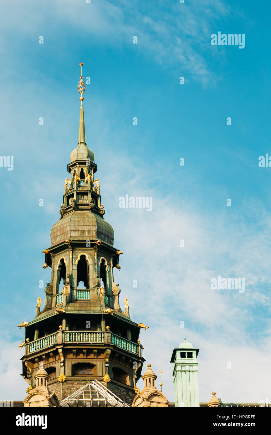 Stoccolma, Svezia. La cupola a cipolla del famoso Palazzo Vecchio, Museo Nordico, cielo blu sullo sfondo. Nordiska Museet a Isola Djurgarden è il più grande del Muse Foto Stock