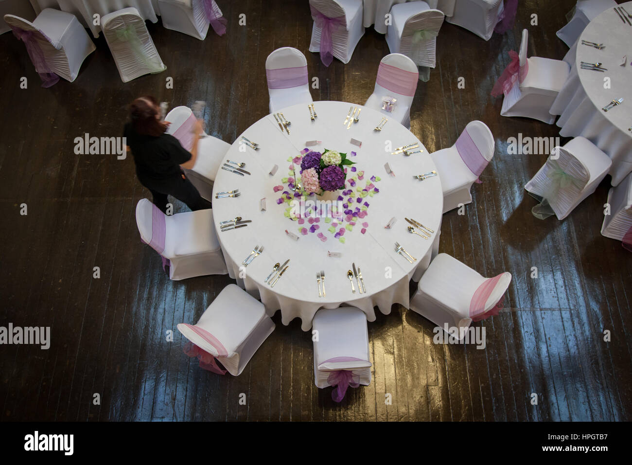 Ricevimento di Nozze / colazione / tavoli per banchetti essendo fissati. Bianco e viola in piedi su un marrone pavimento in legno. Una signora in moto è in vista. Foto Stock