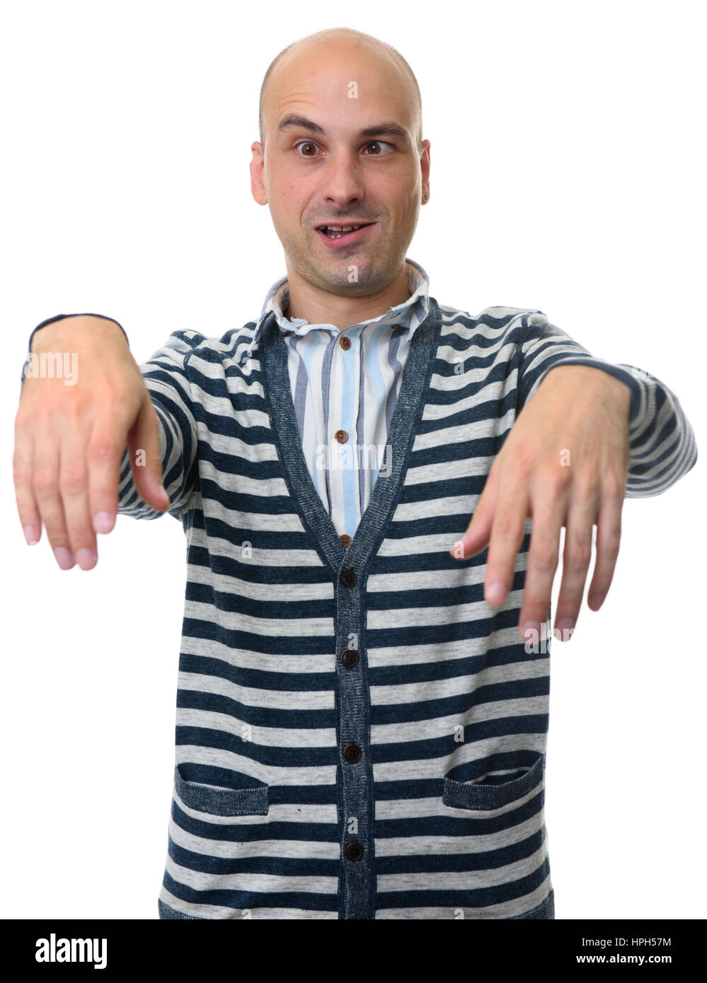 Zombie Apocalypse. Funny uomo calvo isolato su uno sfondo bianco Foto Stock