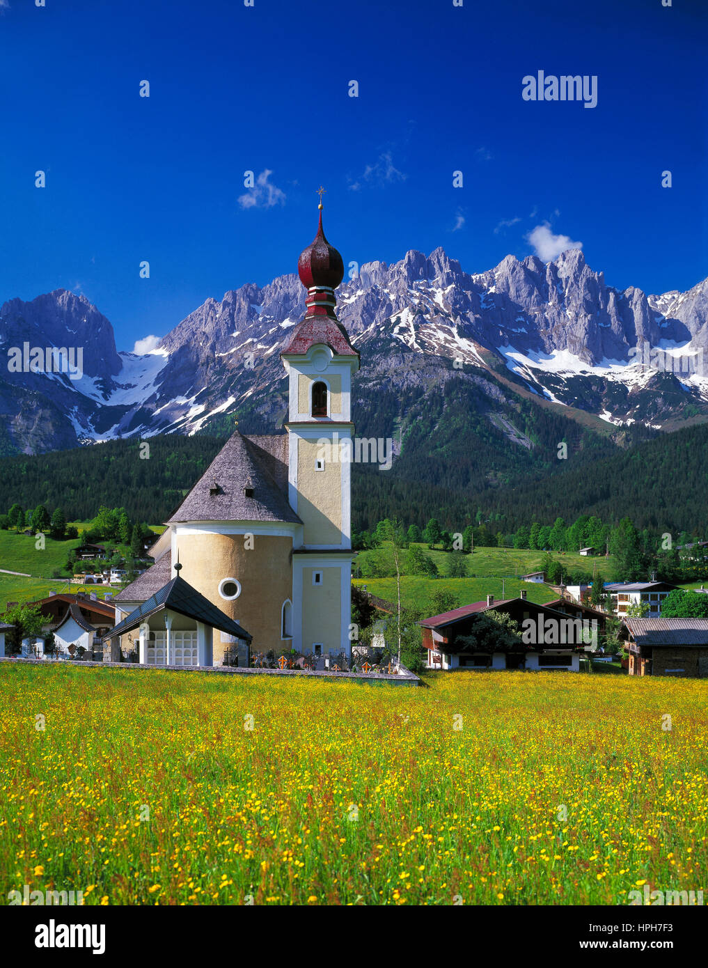 Fiori di Primavera ad andare con la sua cupola di cipolla chiesa, montagne di Wilder Kaiser in background, Tirolo, Austria. Foto Stock
