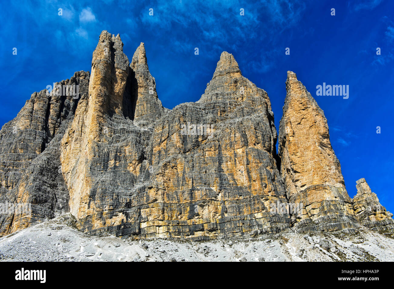 Tre Cime montagne, le Tre Cime di Lavaredo, Drei Zinnen, Sesto Dolomiti Alto Adige, Trentino Alto Adige, Italia Foto Stock