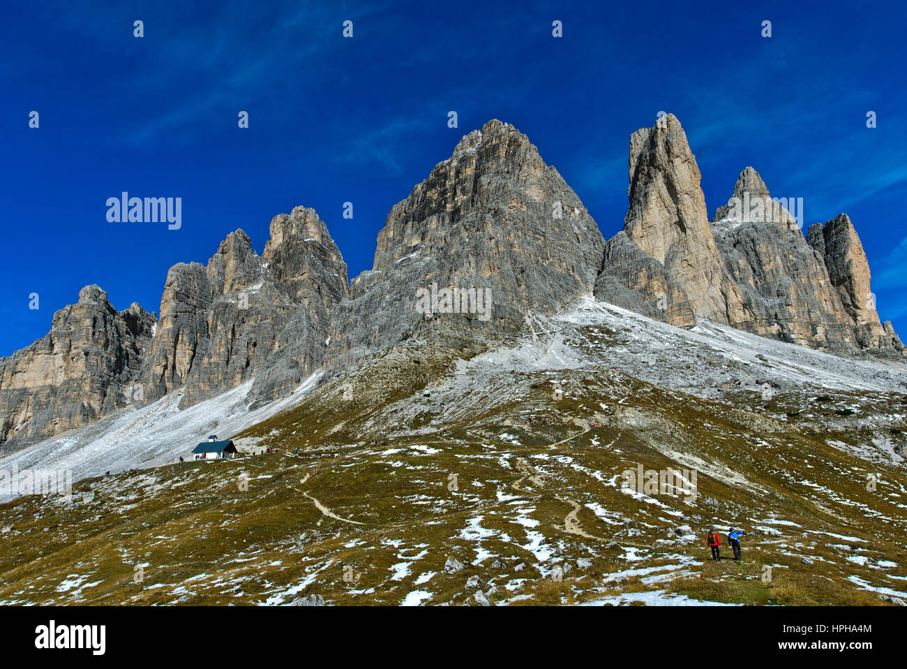 Fronte sud delle Tre Cime montagne, le Tre Cime di Lavaredo, Drei Zinnen, Sesto Dolomiti Alto Adige, Trentino Alto Adige, Italia Foto Stock