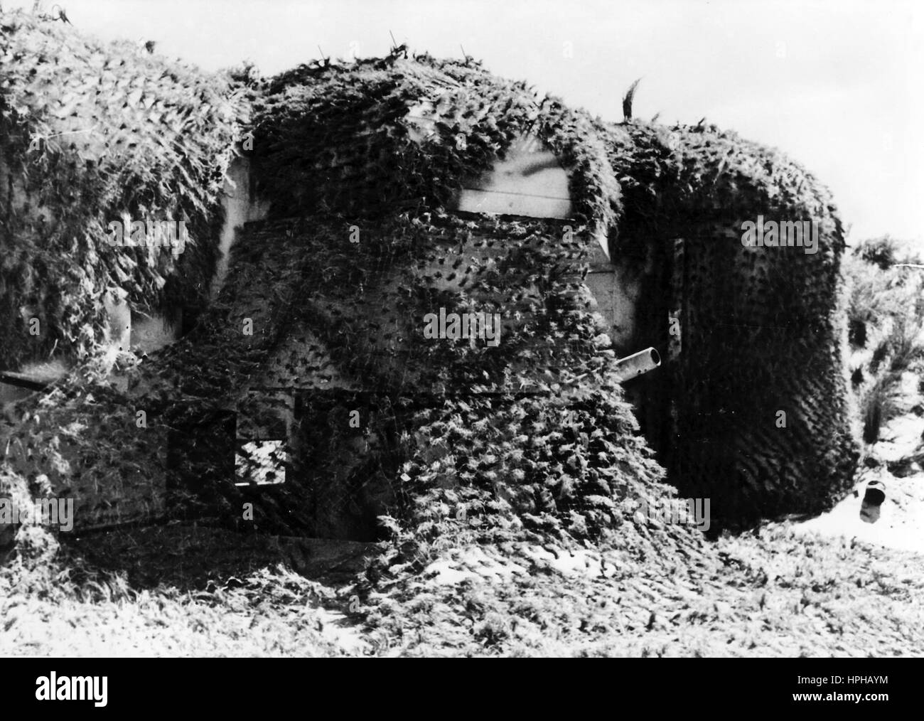 L'immagine della propaganda nazista mostra una base tedesca mimetizzata della Wehrmacht sul Muro Atlantico. Pubblicato nel giugno 1944. Un reporter nazista ha scritto sul retro della foto su 06.06.1944, 'sotto le reti mimetizzazione, potenti bunker di cemento sul muro Atlantico. Il 'Landschaftsanwälte? Al lavoro, e, come l'Organizzazione Todt, ha ottenuto qualcosa di unico. – Un mascherino mimetico è caduto, consentendo al barile della pistola”. Fotoarchiv für Zeitgeschichte - NESSUN SERVIZIO DI CABLAGGIO - | utilizzo in tutto il mondo Foto Stock L'immagine della propaganda nazista mostra una base tedesca mimetizzata della Wehrmacht sul Muro Atlantico. Pubblicato nel giugno 1944. Un reporter nazista ha scritto sul retro della foto su 06.06.1944, 'sotto le reti mimetizzazione, potenti bunker di cemento sul muro Atlantico. Il 'Landschaftsanwälte? Al lavoro, e, come l'Organizzazione Todt, ha ottenuto qualcosa di unico. – Un mascherino mimetico è caduto, consentendo al barile della pistola”. Fotoarchiv für Zeitgeschichte - NESSUN SERVIZIO DI CABLAGGIO - | utilizzo in tutto il mondo Foto Stock