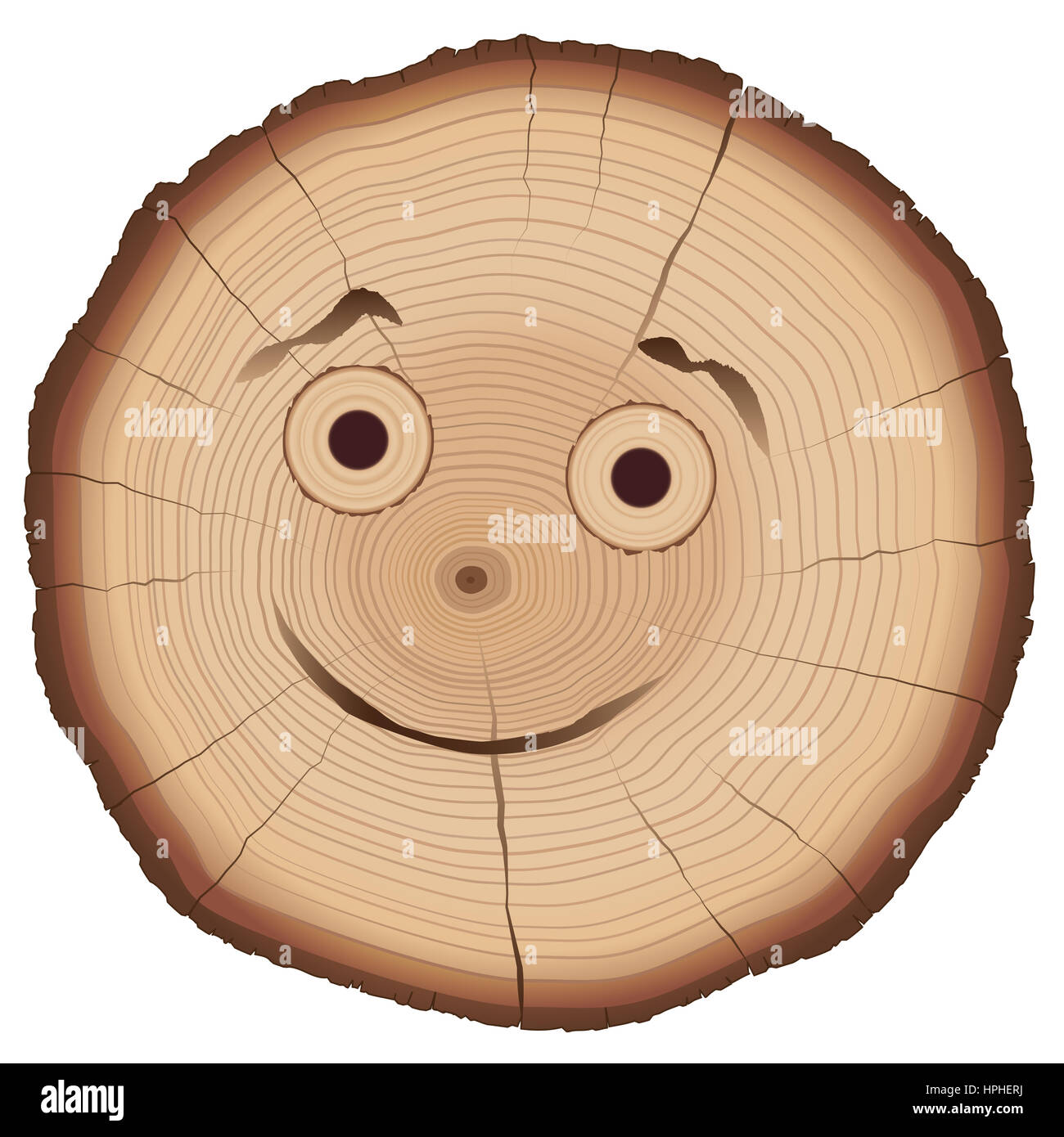 Tree fetta con la sorridente faccia di fumetti e molti anelli annuali. Foto Stock