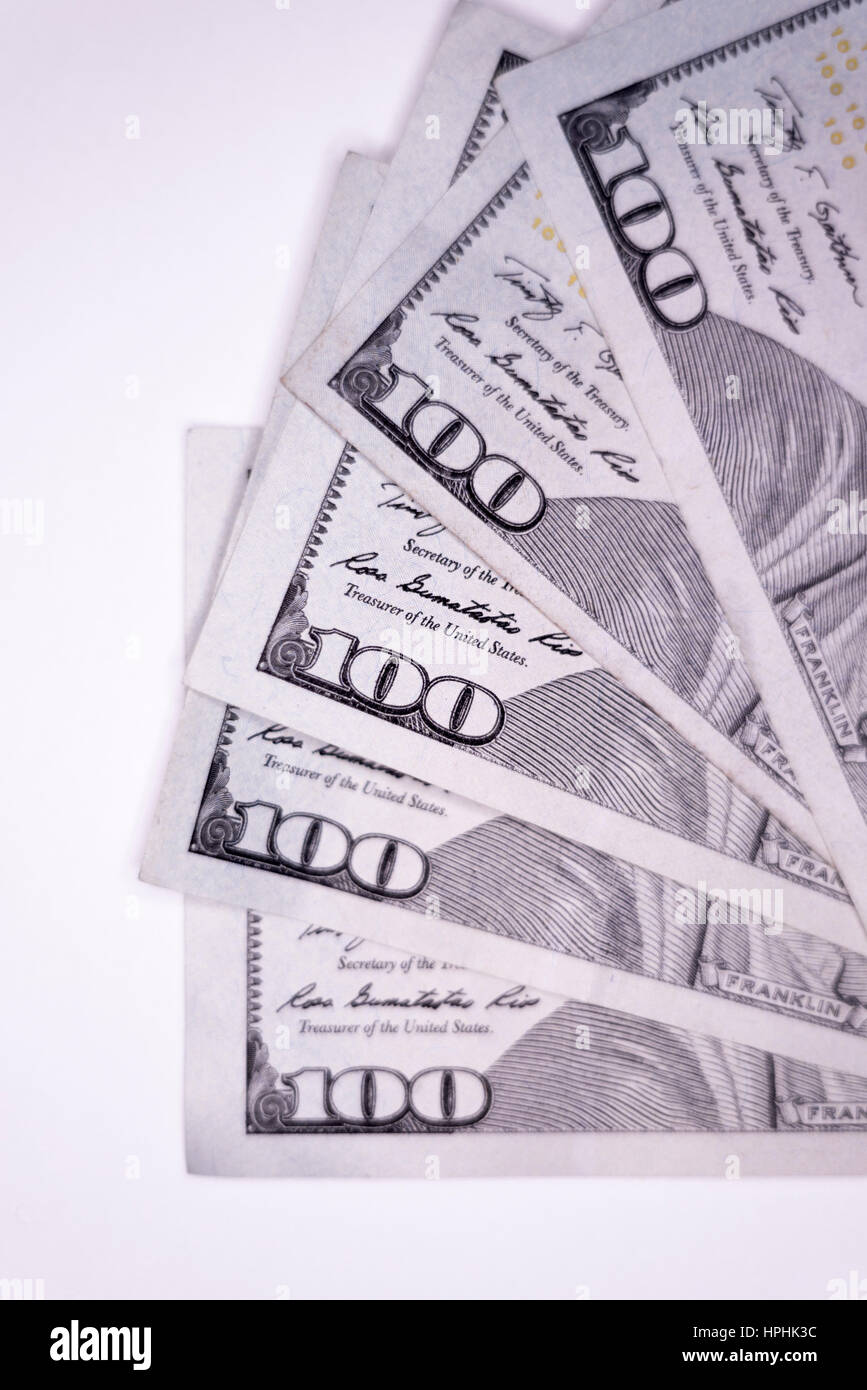 Ritratto sfogliati banconote da cento dollari macro Foto Stock