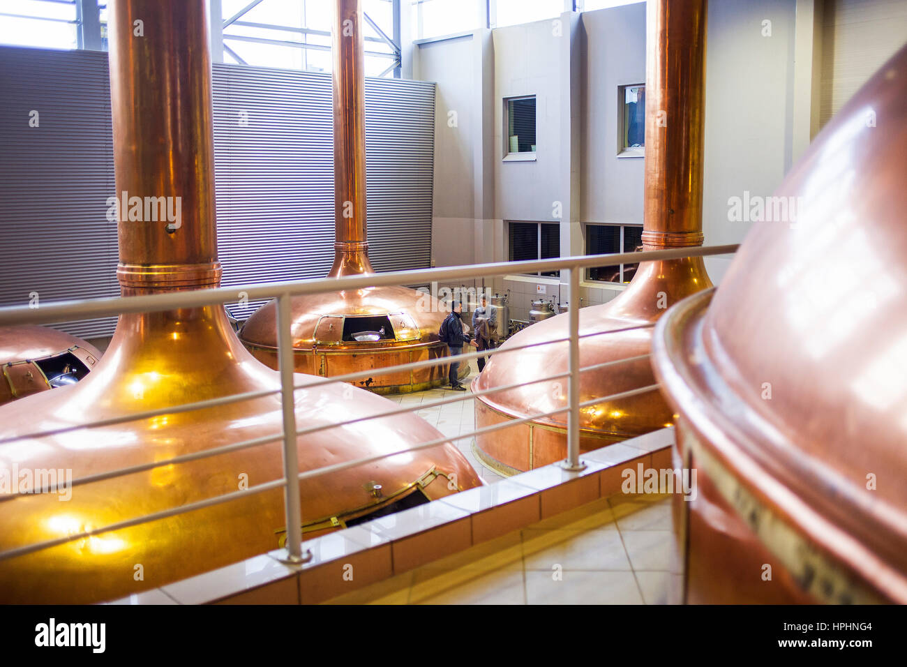 Sala della birra con mash tun serbatoi di rame, Lech Brewery, Poznan, Polonia. Foto Stock