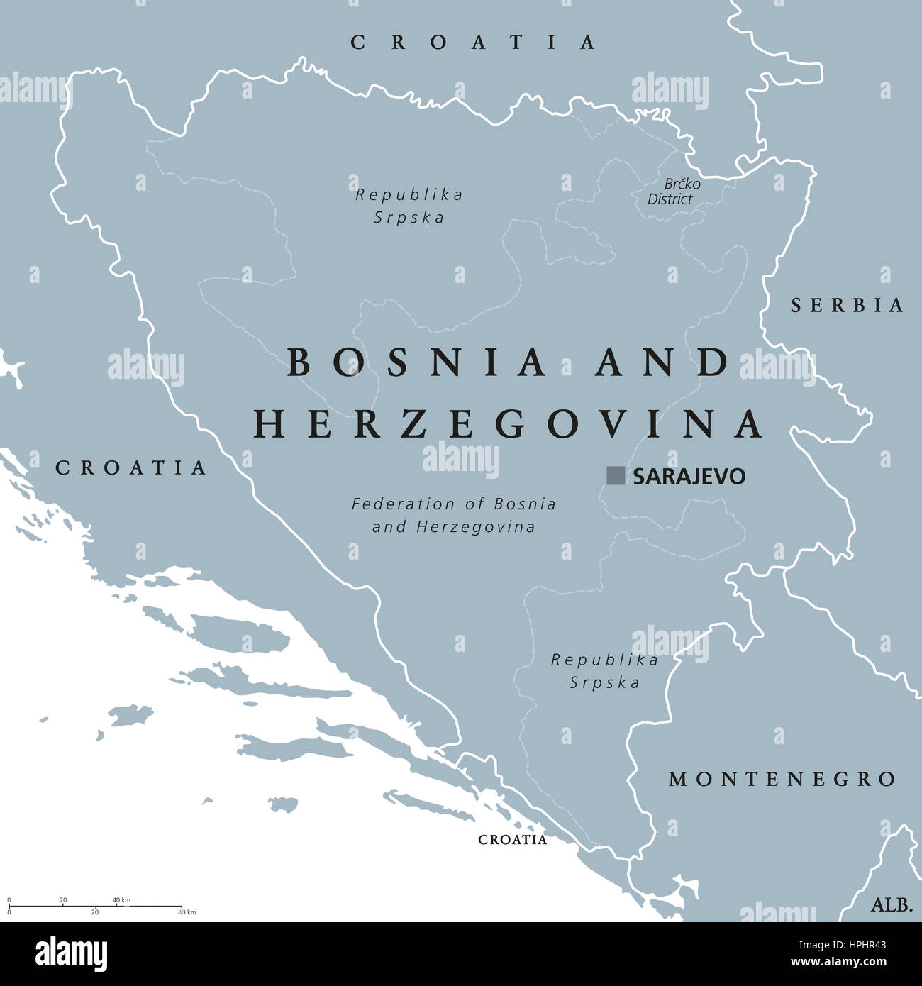 La Bosnia e Erzegovina mappa politico con capitale Sarajevo. Paese in Europa sud-orientale situato sulla penisola balcanica. Foto Stock